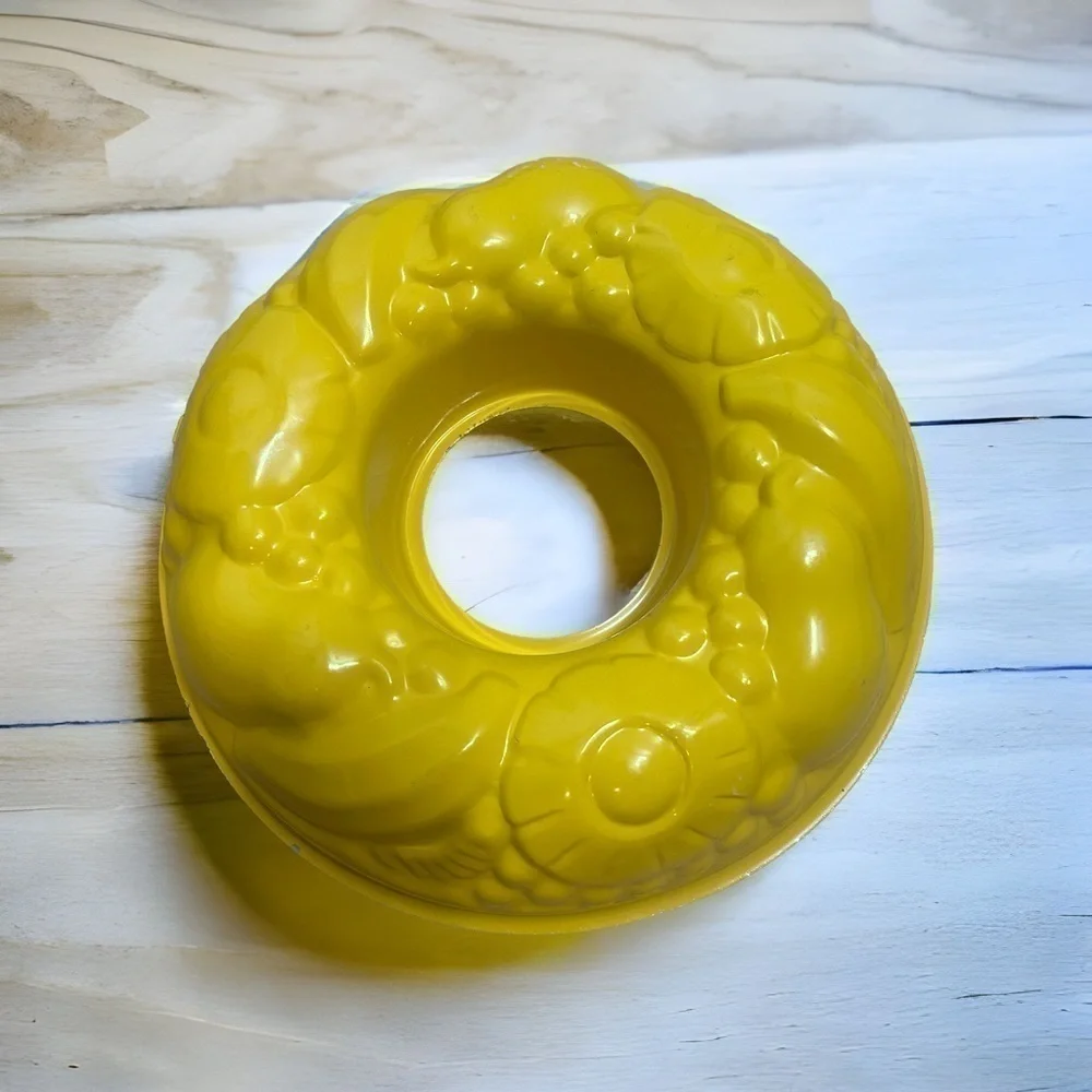 Vintage Yellow Bundt Pan Bright MCM Pineapple Fruit Banana Grapes Print